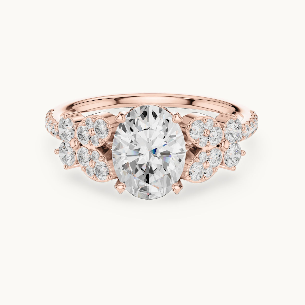 Oval and round lab-grown diamond engagement ring with side clusters in rose gold, 1.436 CT TW, view 4