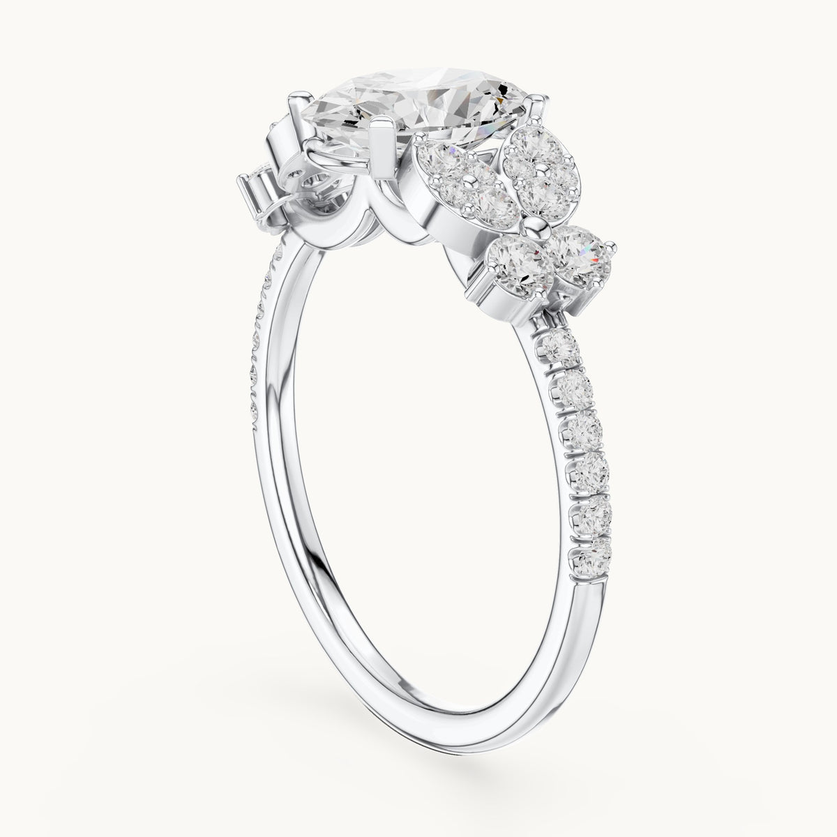 Oval and round lab-grown diamond engagement ring with side clusters in white gold, 1.436 CT TW, view 1