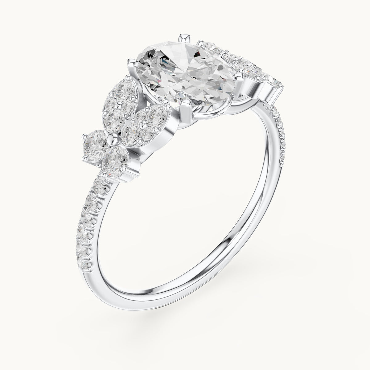 Oval and round lab-grown diamond engagement ring with side clusters in white gold, 1.436 CT TW, view 2