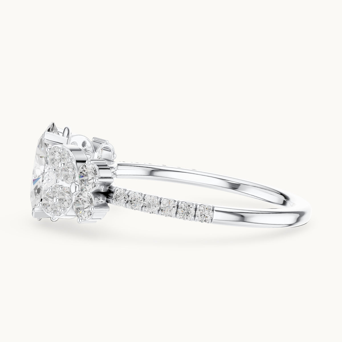 Oval and round lab-grown diamond engagement ring with side clusters in white gold, 1.436 CT TW, view 3