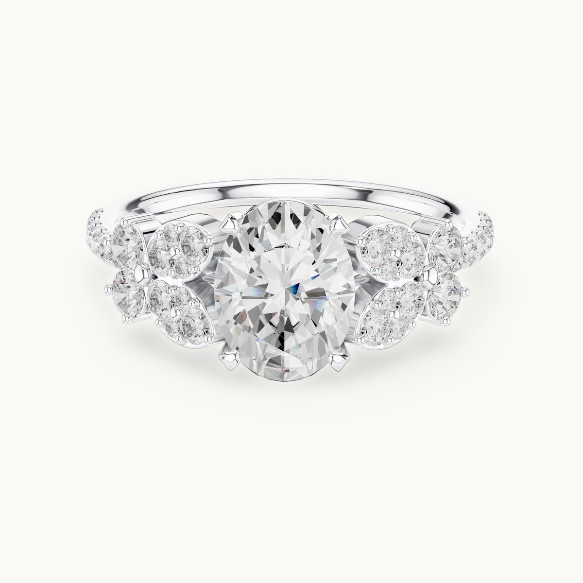 Oval and round lab-grown diamond engagement ring with side clusters in white gold, 1.436 CT TW, view 4