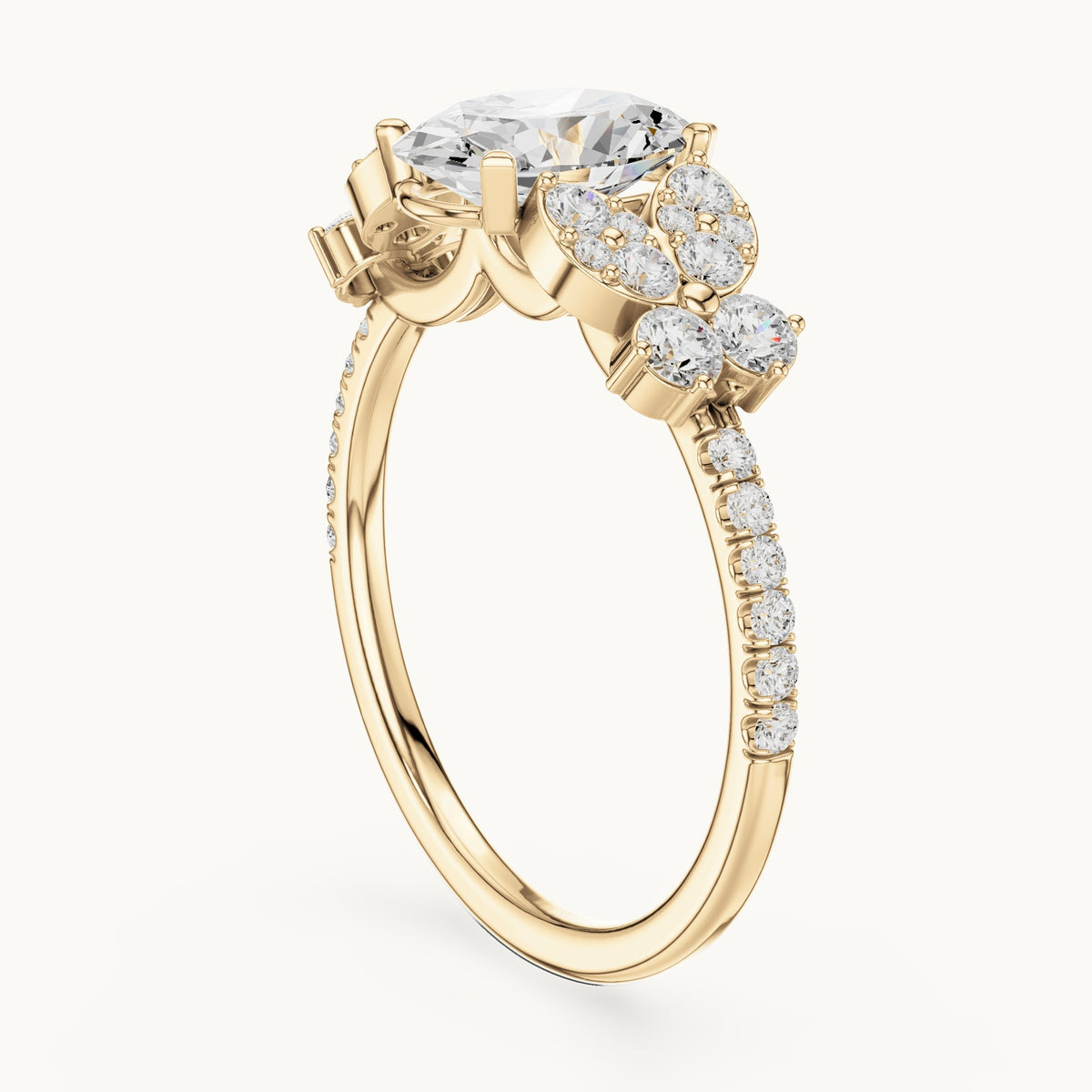 Oval and round lab-grown diamond engagement ring with side clusters in yellow gold, 1.436 CT TW, view 1