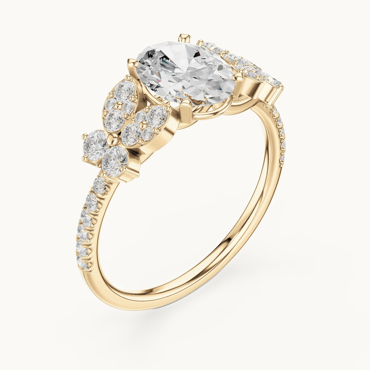 Oval and round lab-grown diamond engagement ring with side clusters in yellow gold, 1.436 CT TW, view 2
