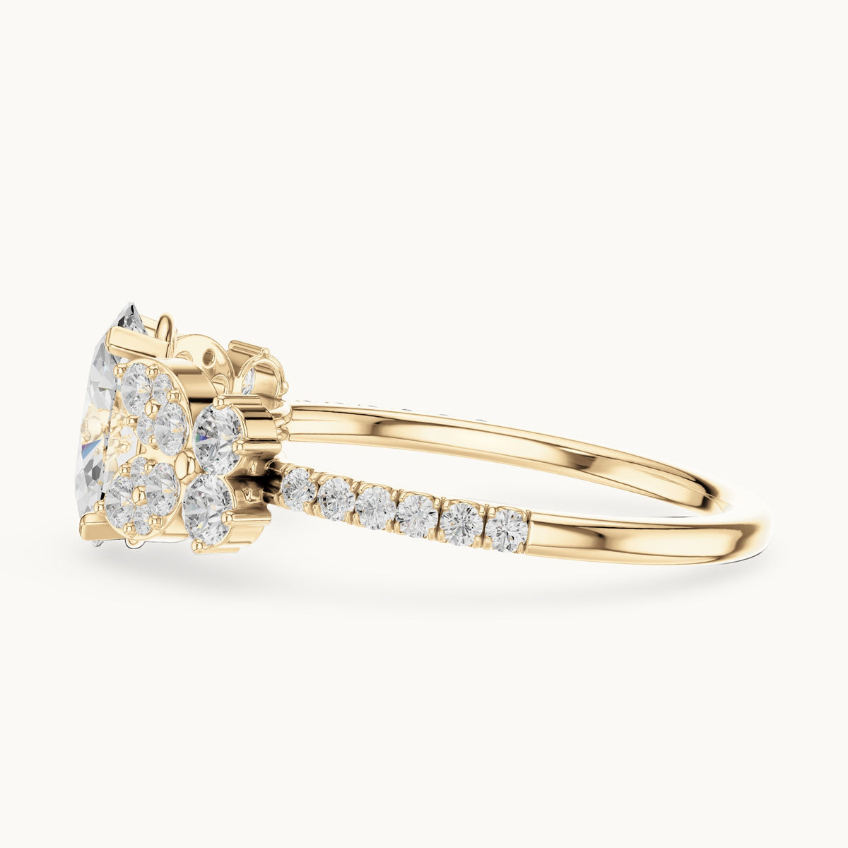 Oval and round lab-grown diamond engagement ring with side clusters in yellow gold, 1.436 CT TW, view 3