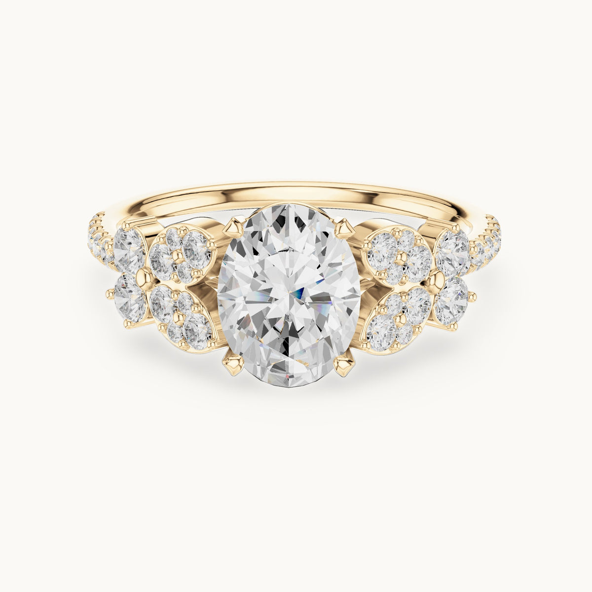 Oval and round lab-grown diamond engagement ring with side clusters in yellow gold, 1.436 CT TW, view 4