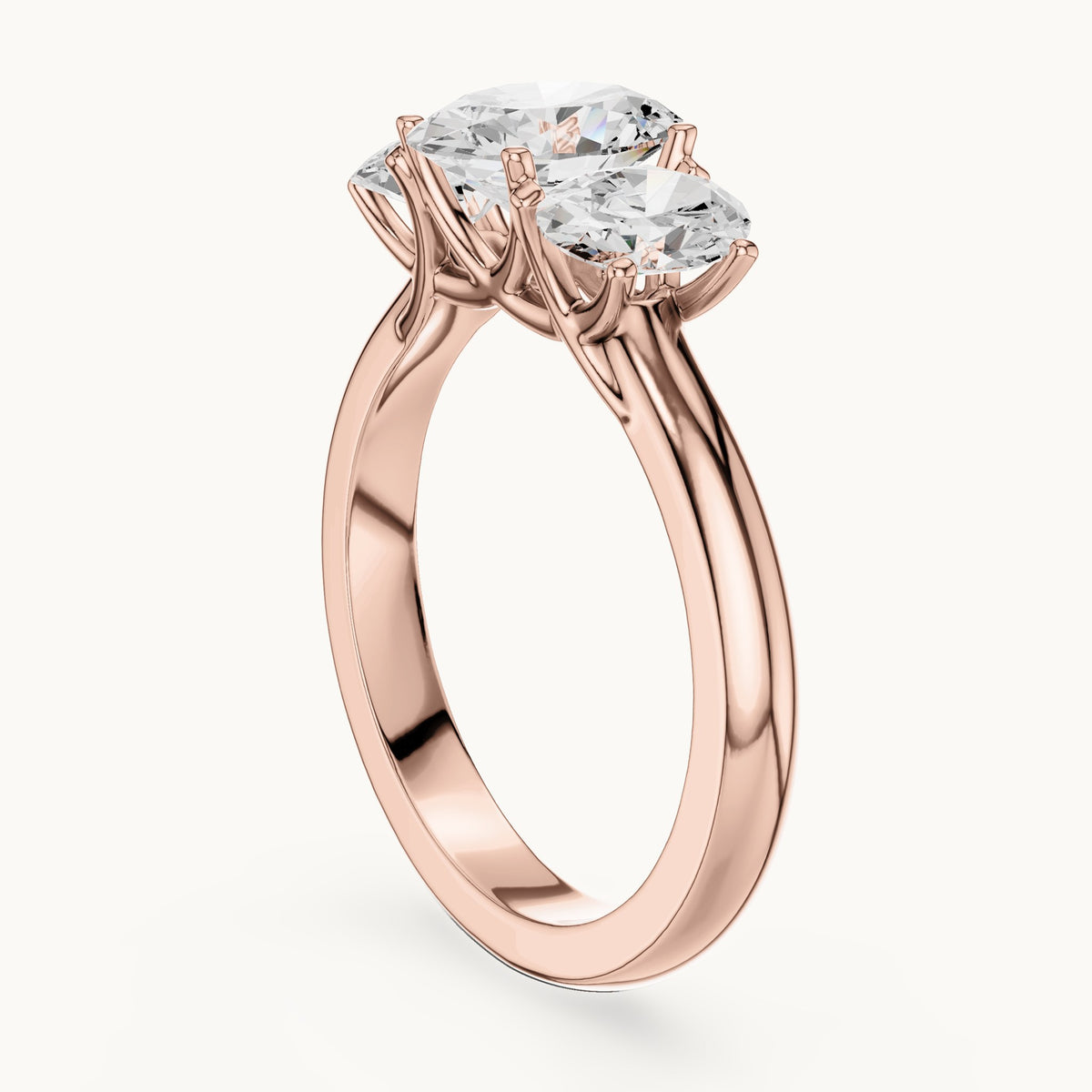 Oval lab-grown diamond three-stone engagement ring in rose gold, 1.78 CT TW, view 1