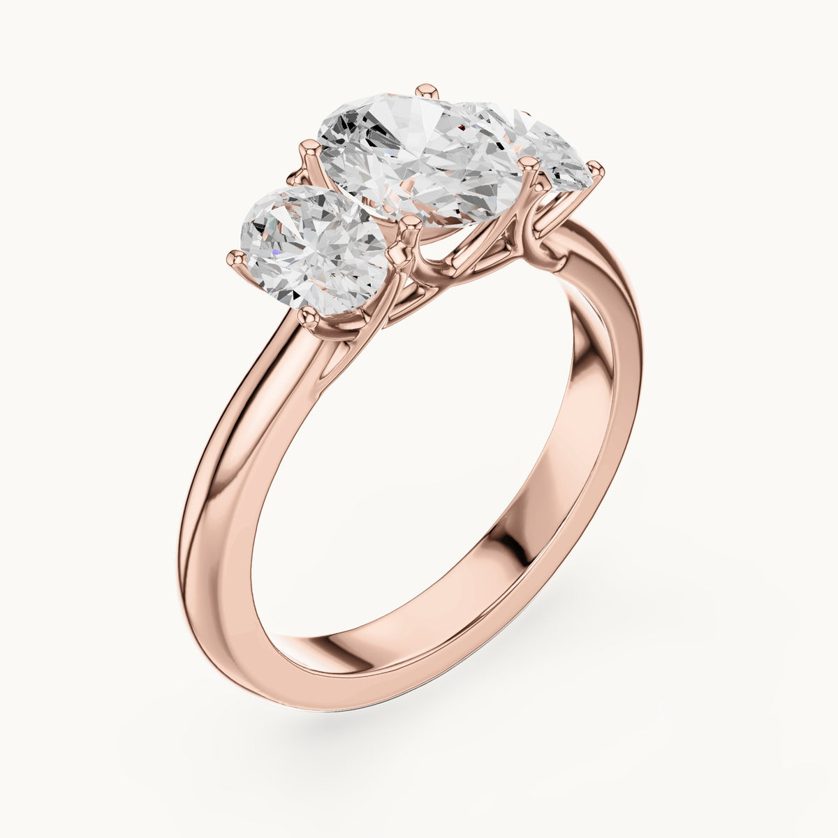 Oval lab-grown diamond three-stone engagement ring in rose gold, 1.78 CT TW, view 2