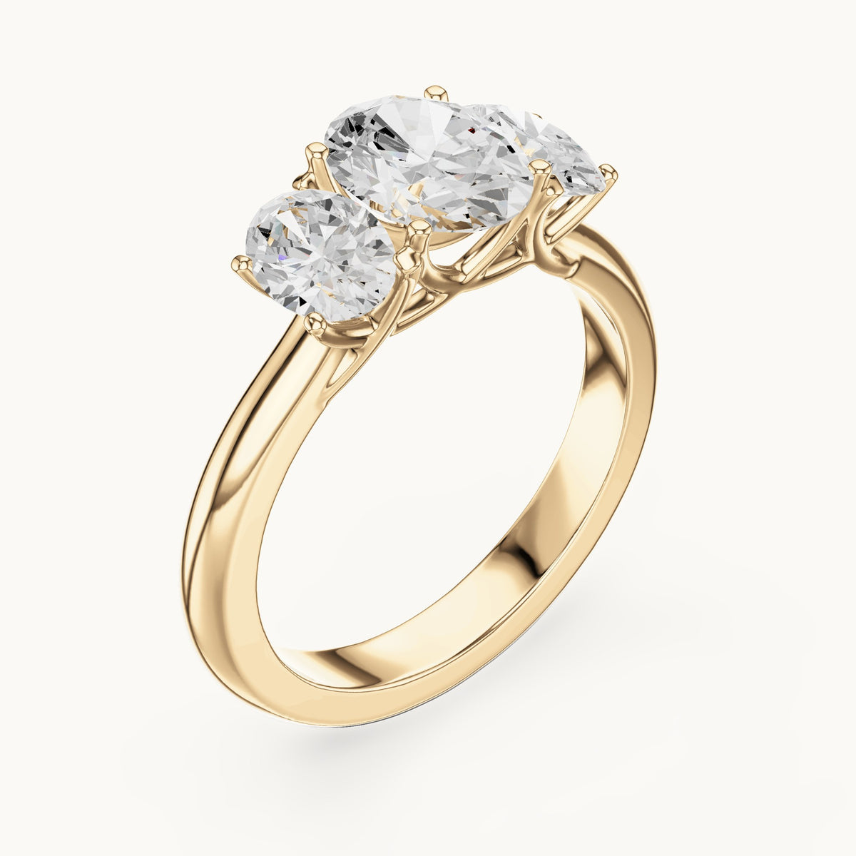 Oval lab-grown diamond three-stone engagement ring in yellow gold, 1.78 CT TW, view 2