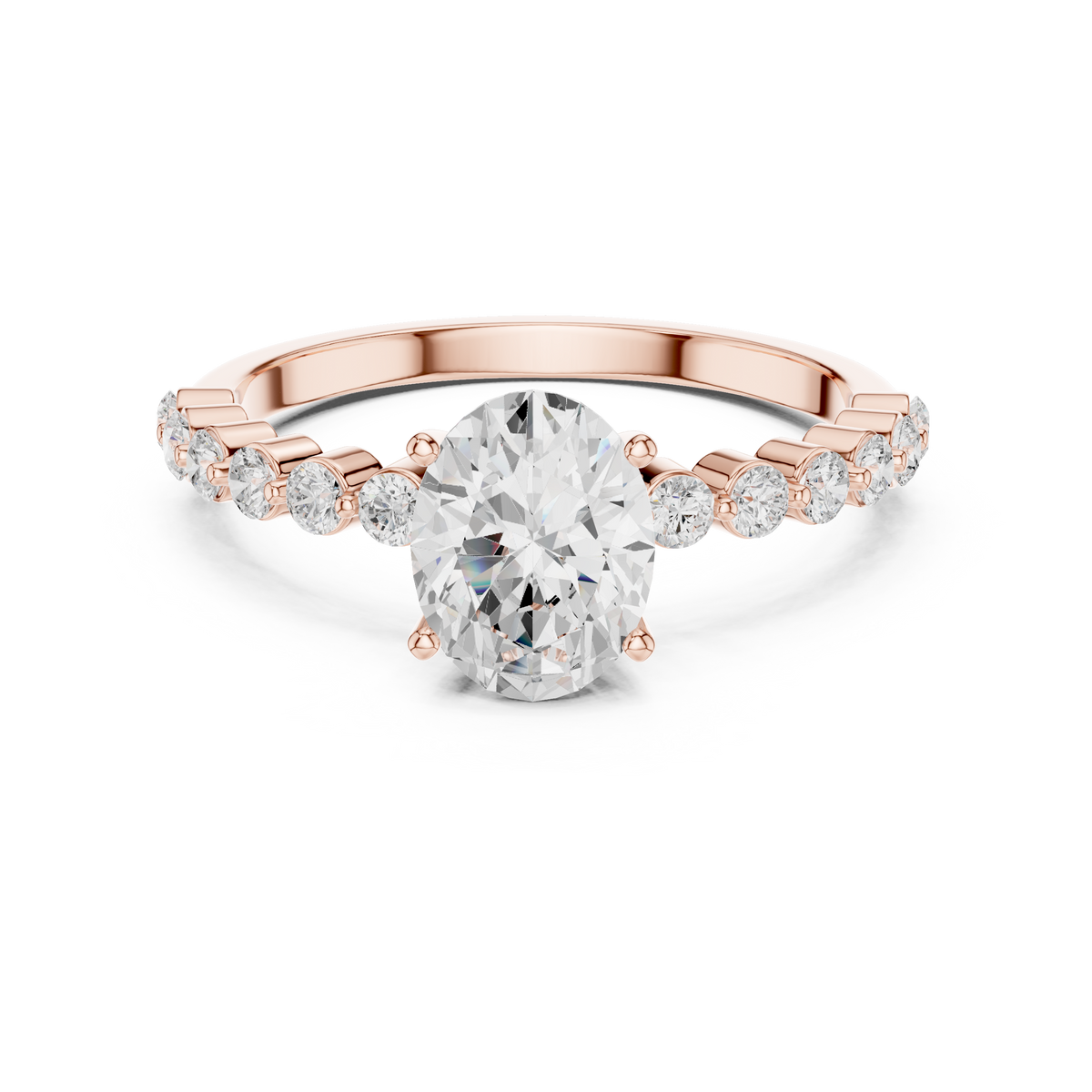 Oval lab-grown diamond ring with side stones in rose gold, 1.36 CT TW, view 4