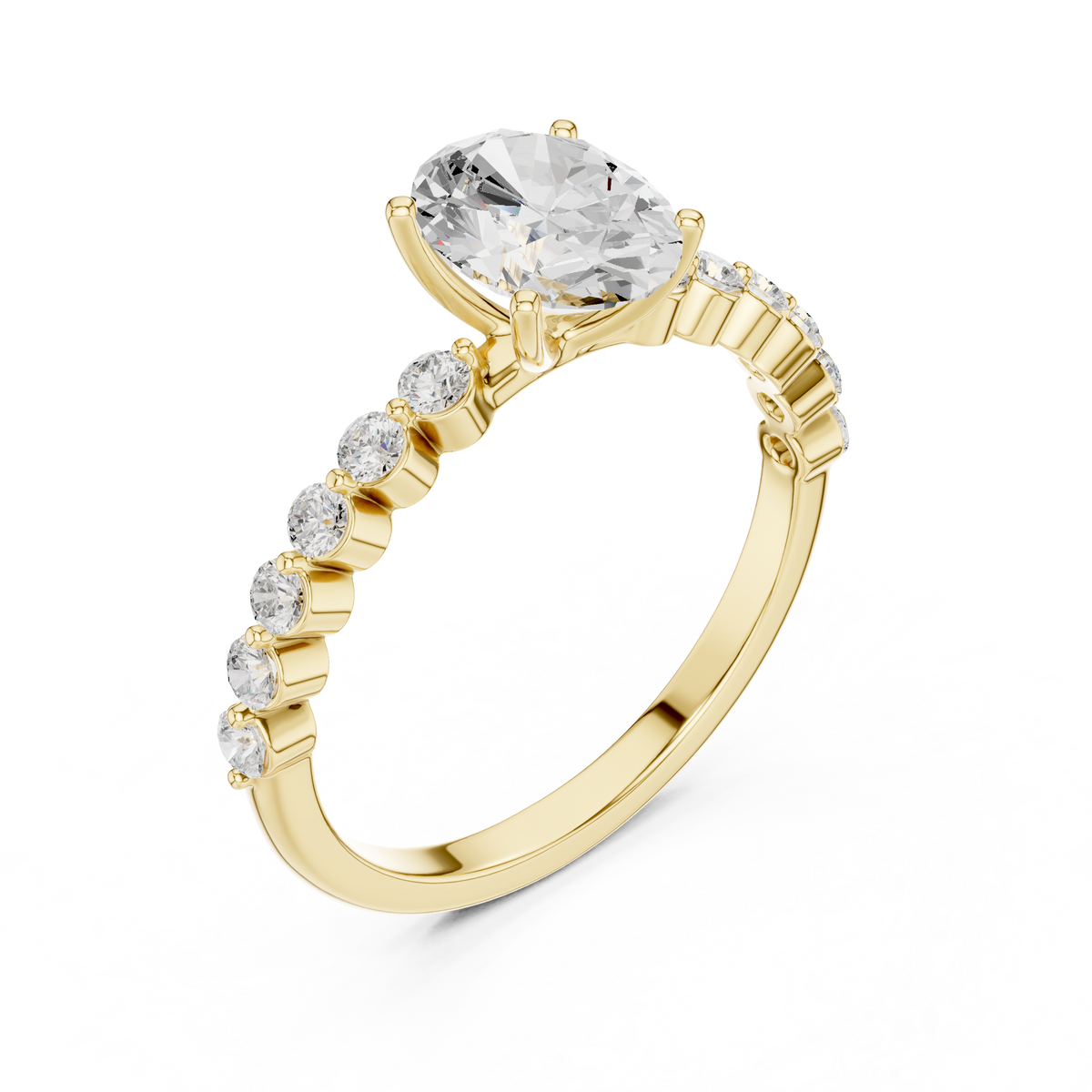 Oval lab-grown diamond ring with side stones in yellow gold, 1.36 CT TW, view 2