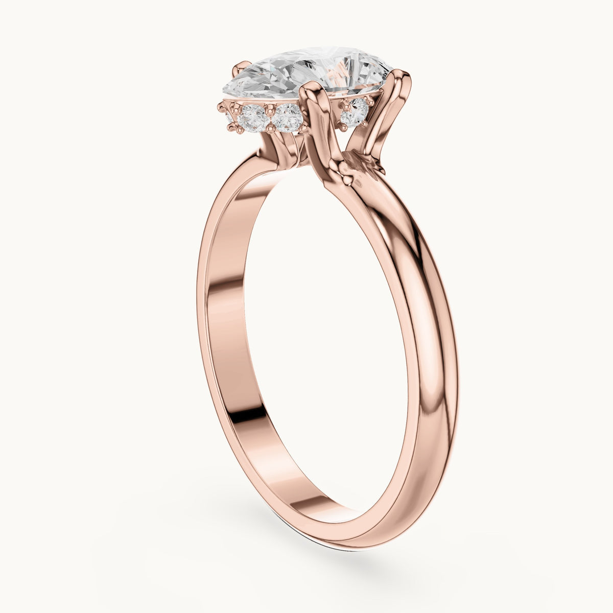 Pear and round lab-grown diamond hidden halo solitaire engagement ring in rose gold, 1.108 CT TW, view 1