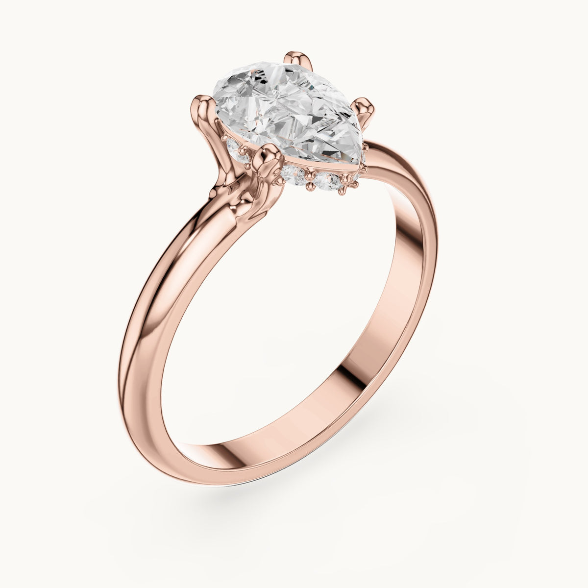 Pear and round lab-grown diamond hidden halo solitaire engagement ring in rose gold, 1.108 CT TW, view 2