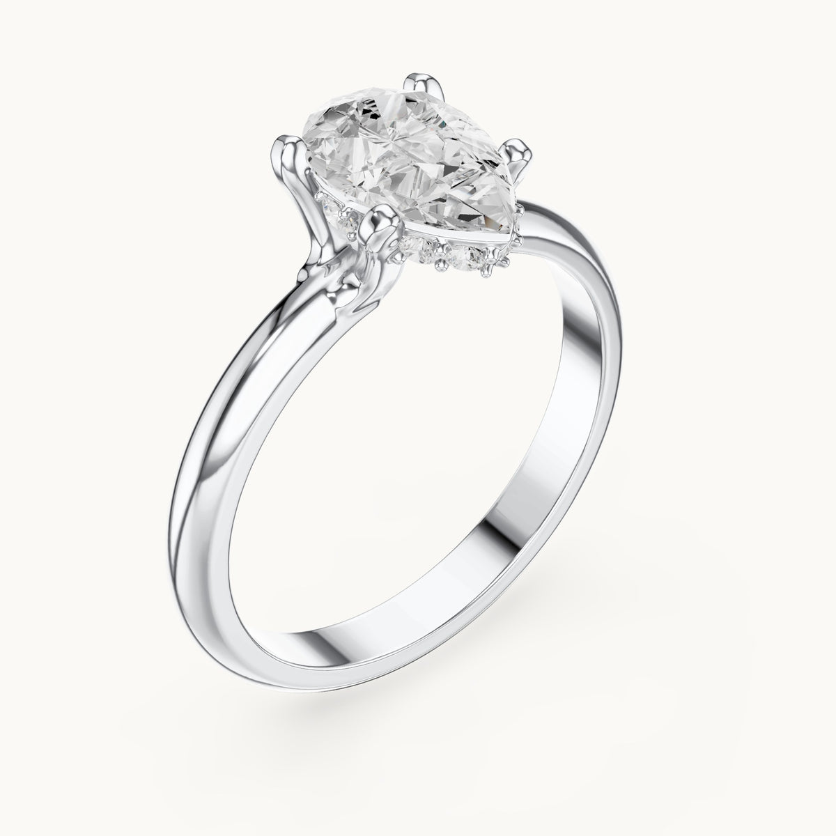 Pear and round lab-grown diamond hidden halo solitaire engagement ring in white gold, 1.108 CT TW, view 2