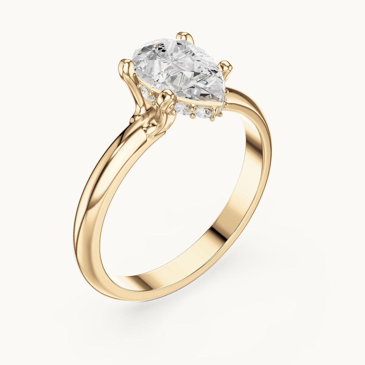 Pear and round lab-grown diamond hidden halo solitaire engagement ring in yellow gold, 1.108 CT TW, view 2