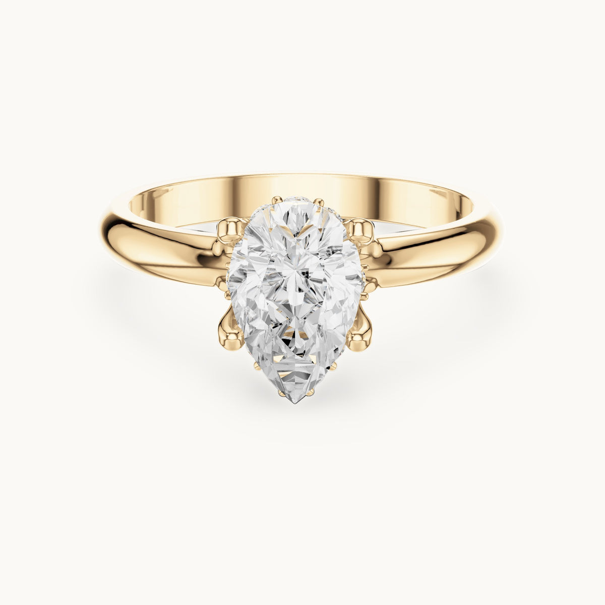 Pear and round lab-grown diamond hidden halo solitaire engagement ring in yellow gold, 1.108 CT TW, view 4