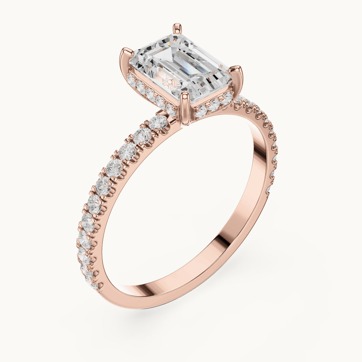 Emerald-cut and round lab-grown diamond hidden halo pavé engagement ring in rose gold, 1.344 CT TW, view 2