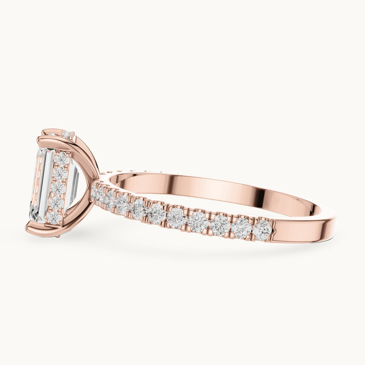 Emerald-cut and round lab-grown diamond hidden halo pavé engagement ring in rose gold, 1.344 CT TW, view 3