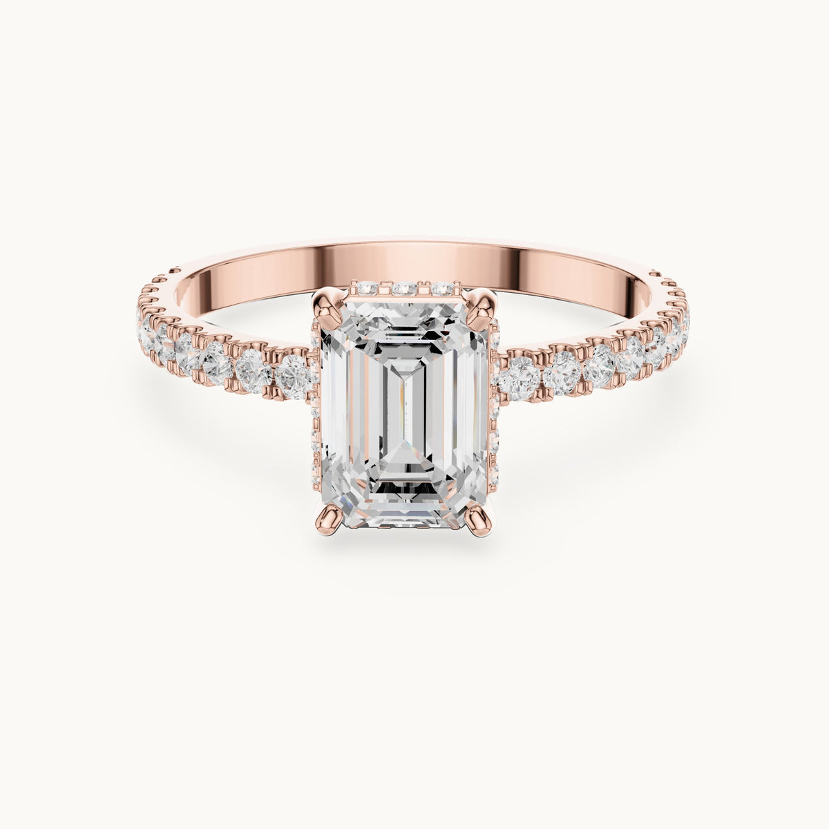 Emerald-cut and round lab-grown diamond hidden halo pavé engagement ring in rose gold, 1.344 CT TW, view 4