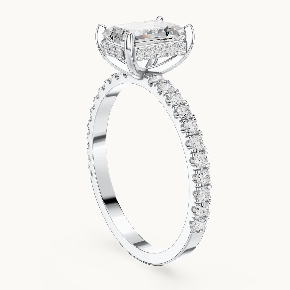 Emerald-cut and round lab-grown diamond hidden halo pavé engagement ring in white gold, 1.344 CT TW, view 1
