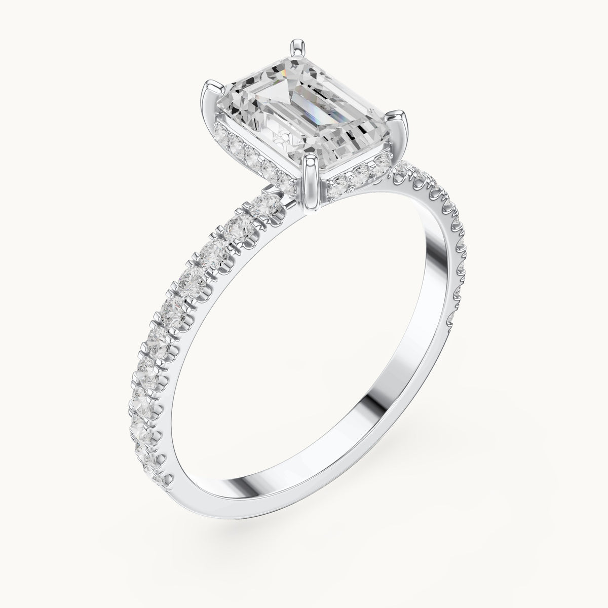 Emerald-cut and round lab-grown diamond hidden halo pavé engagement ring in white gold, 1.344 CT TW, view 2