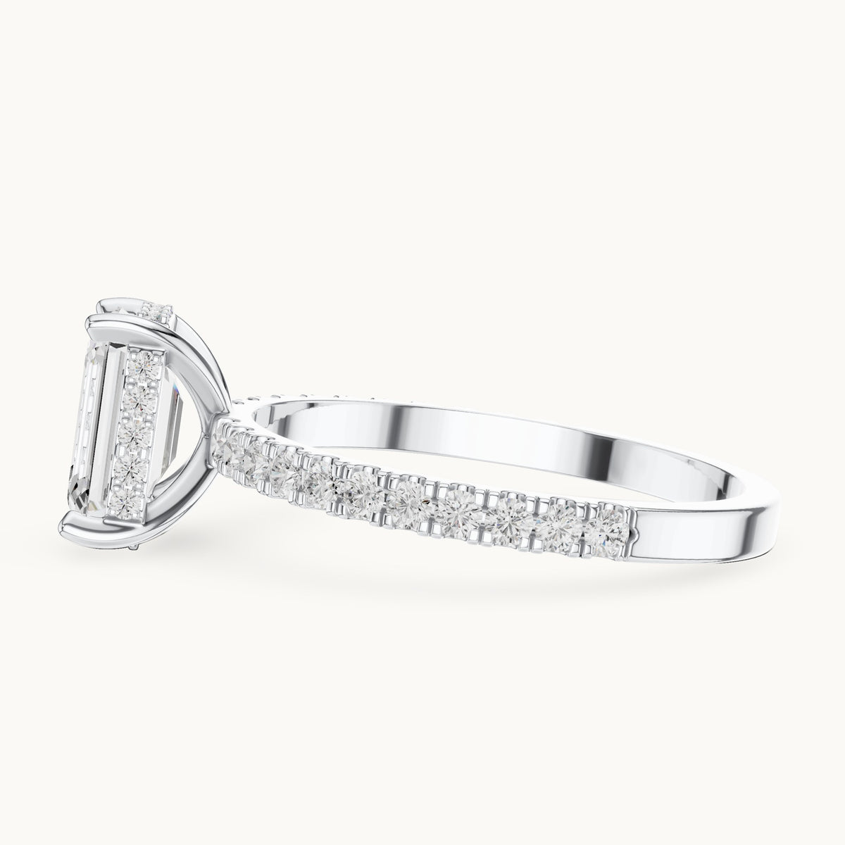 Emerald-cut and round lab-grown diamond hidden halo pavé engagement ring in white gold, 1.344 CT TW, view 3