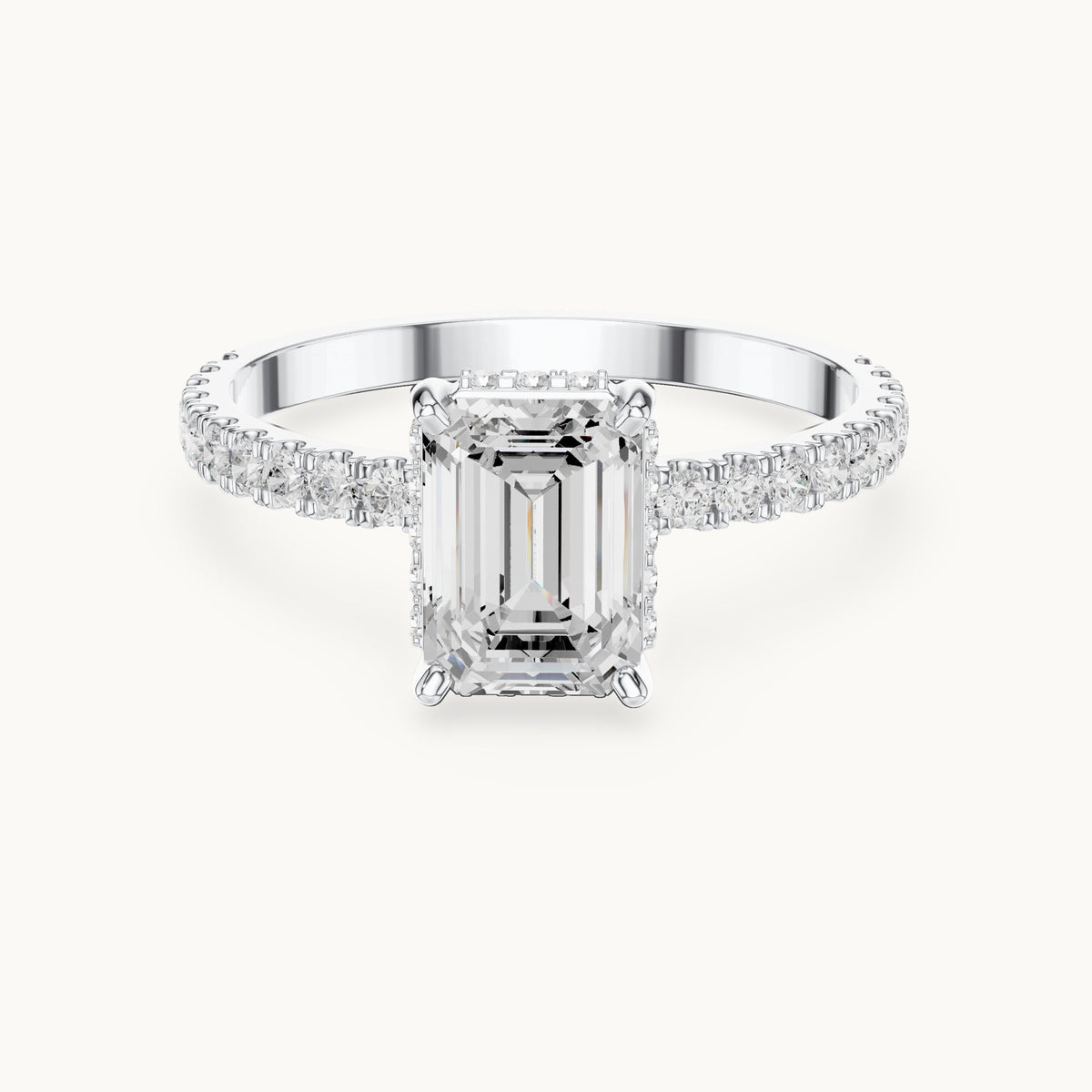 Emerald-cut and round lab-grown diamond hidden halo pavé engagement ring in white gold, 1.344 CT TW, view 4