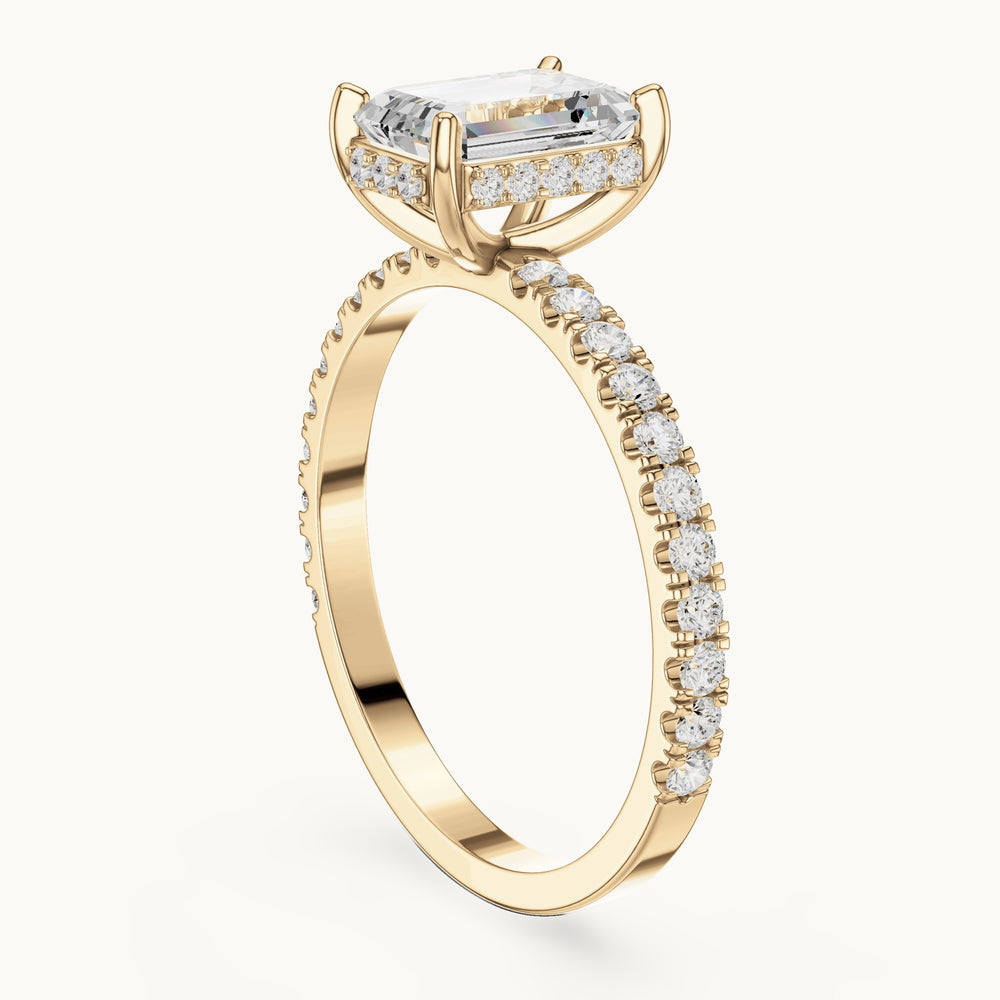 Emerald-cut and round lab-grown diamond hidden halo pavé engagement ring in yellow gold, 1.344 CT TW, view 1