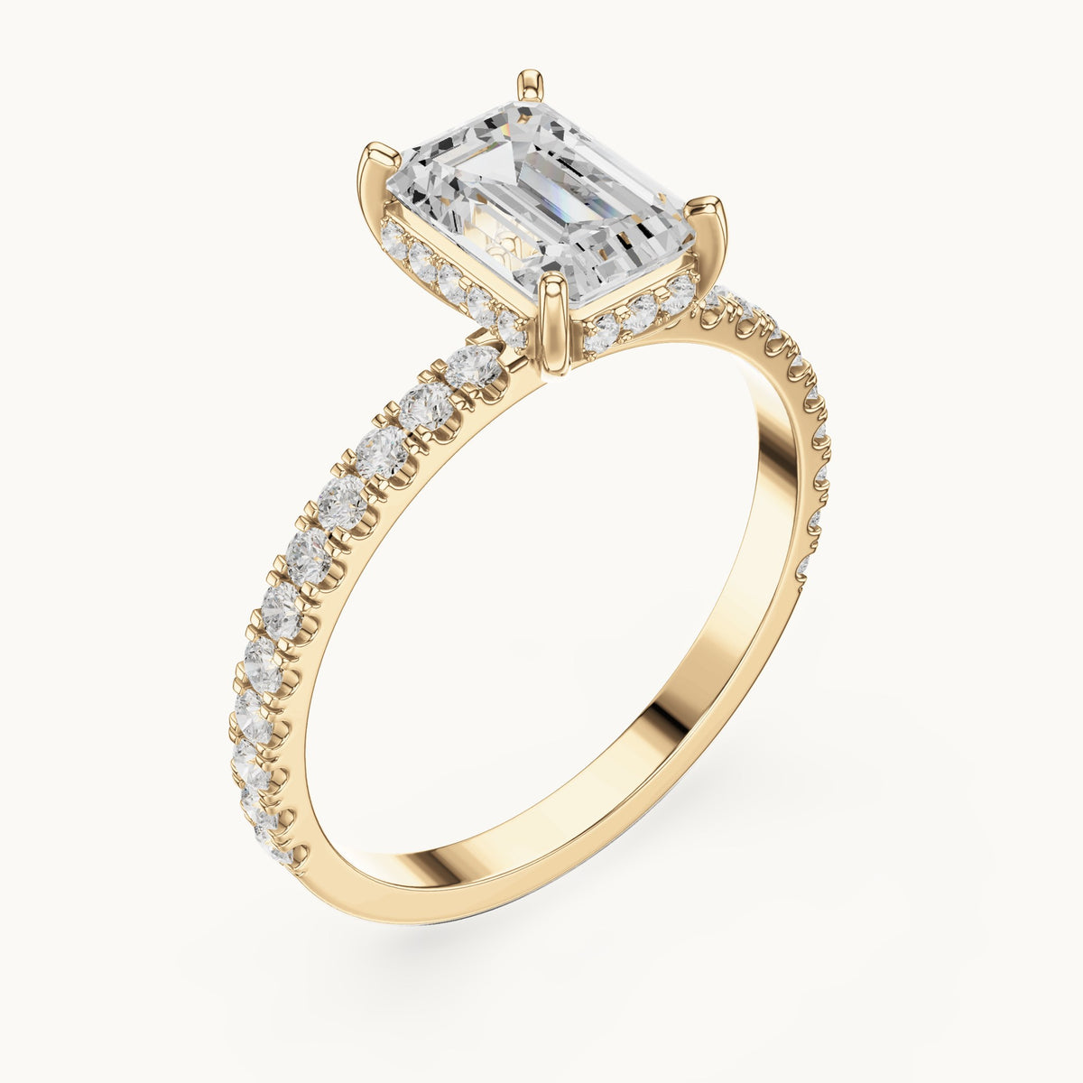 Emerald-cut and round lab-grown diamond hidden halo pavé engagement ring in yellow gold, 1.344 CT TW, view 2