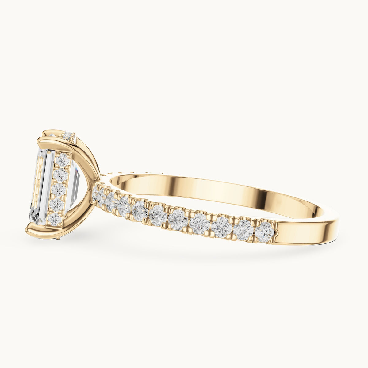 Emerald-cut and round lab-grown diamond hidden halo pavé engagement ring in yellow gold, 1.344 CT TW, view 3