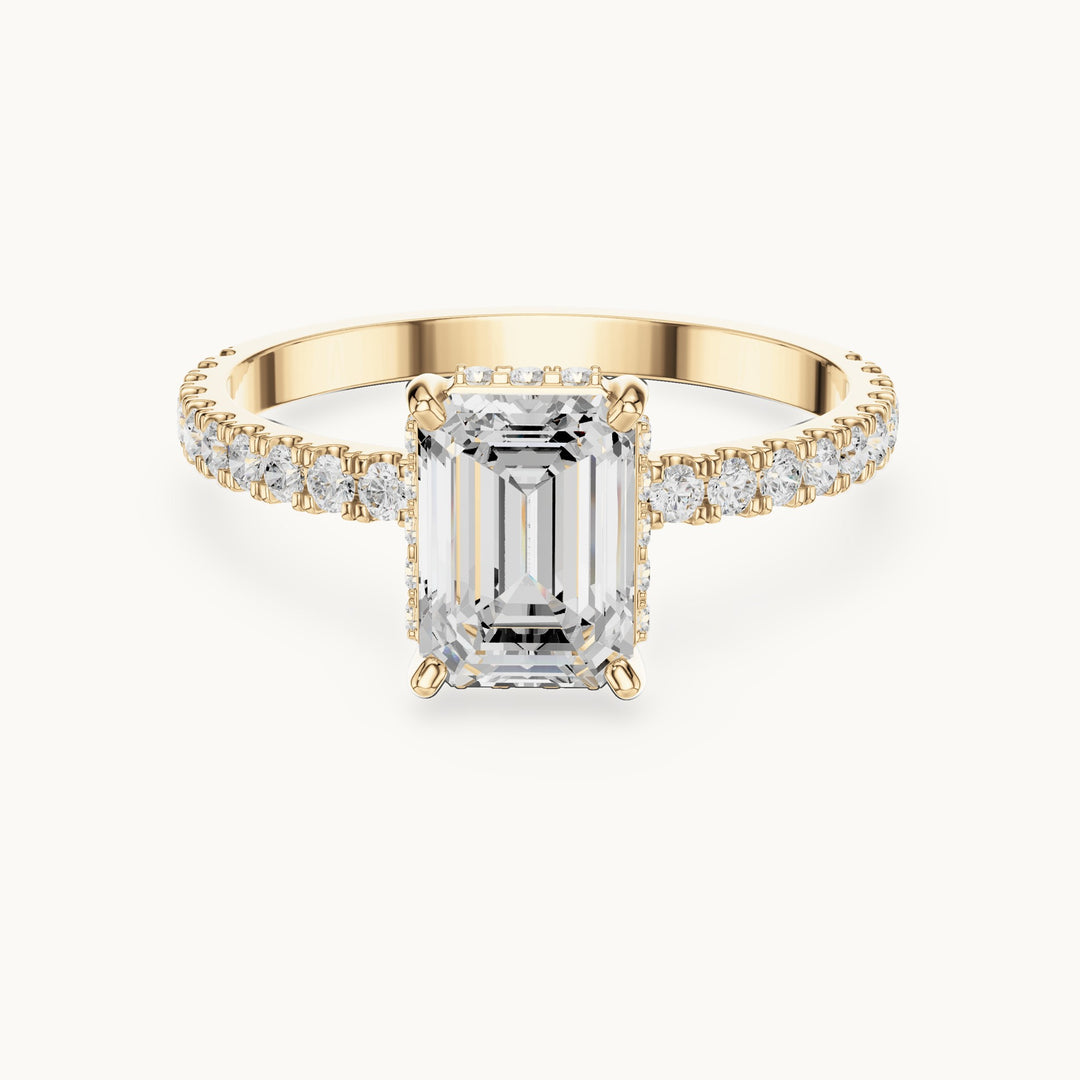 Emerald-cut and round lab-grown diamond hidden halo pavé engagement ring in yellow gold, 1.344 CT TW, view 4
