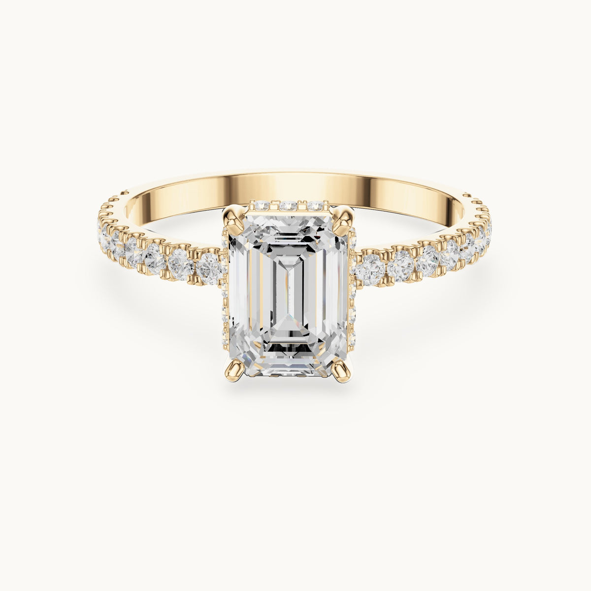 Emerald-cut and round lab-grown diamond hidden halo pavé engagement ring in yellow gold, 1.344 CT TW, view 4