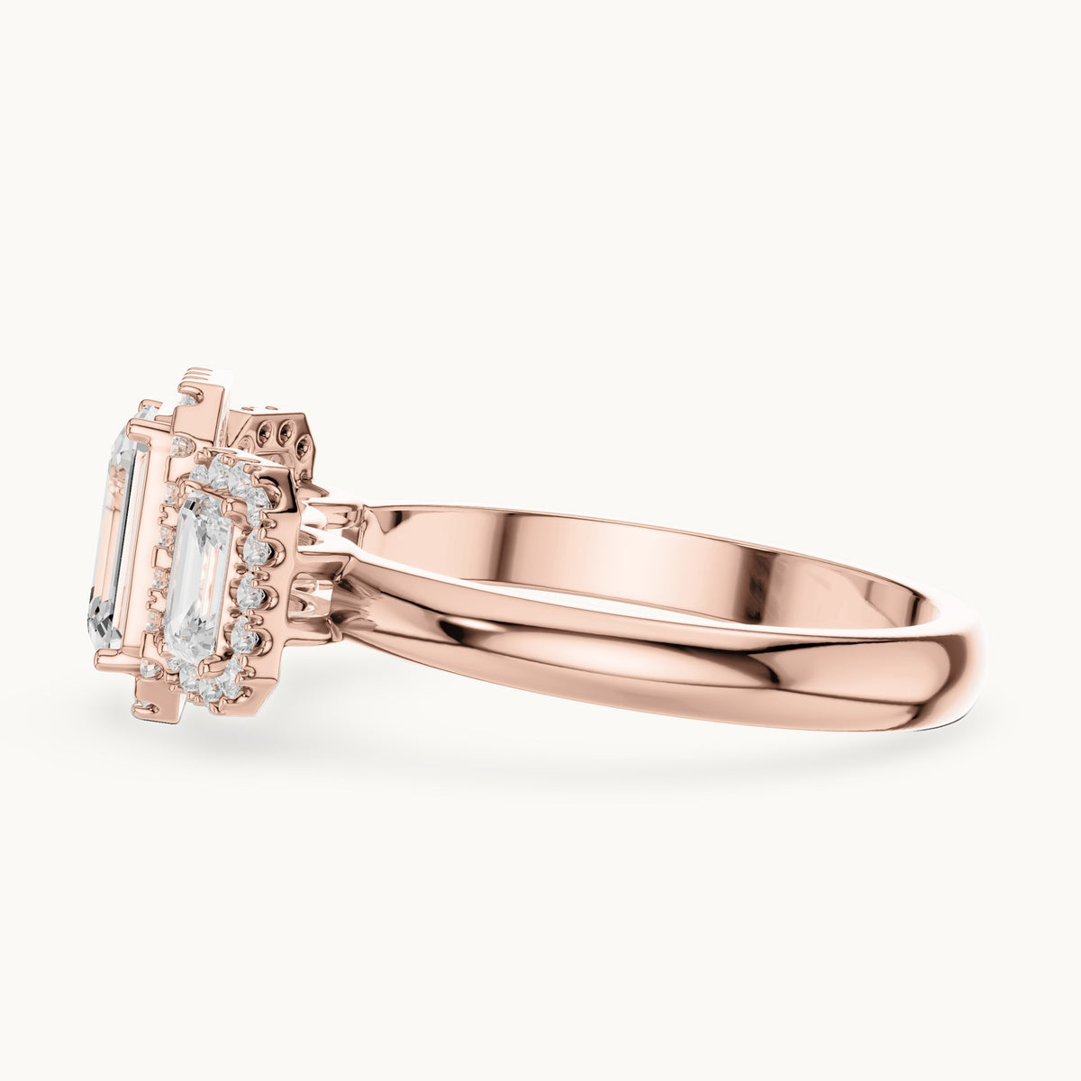 Emerald-cut and round lab-grown diamond three-stone halo engagement ring with emerald-cut side stones in rose gold, 1.468 CT TW, view 3