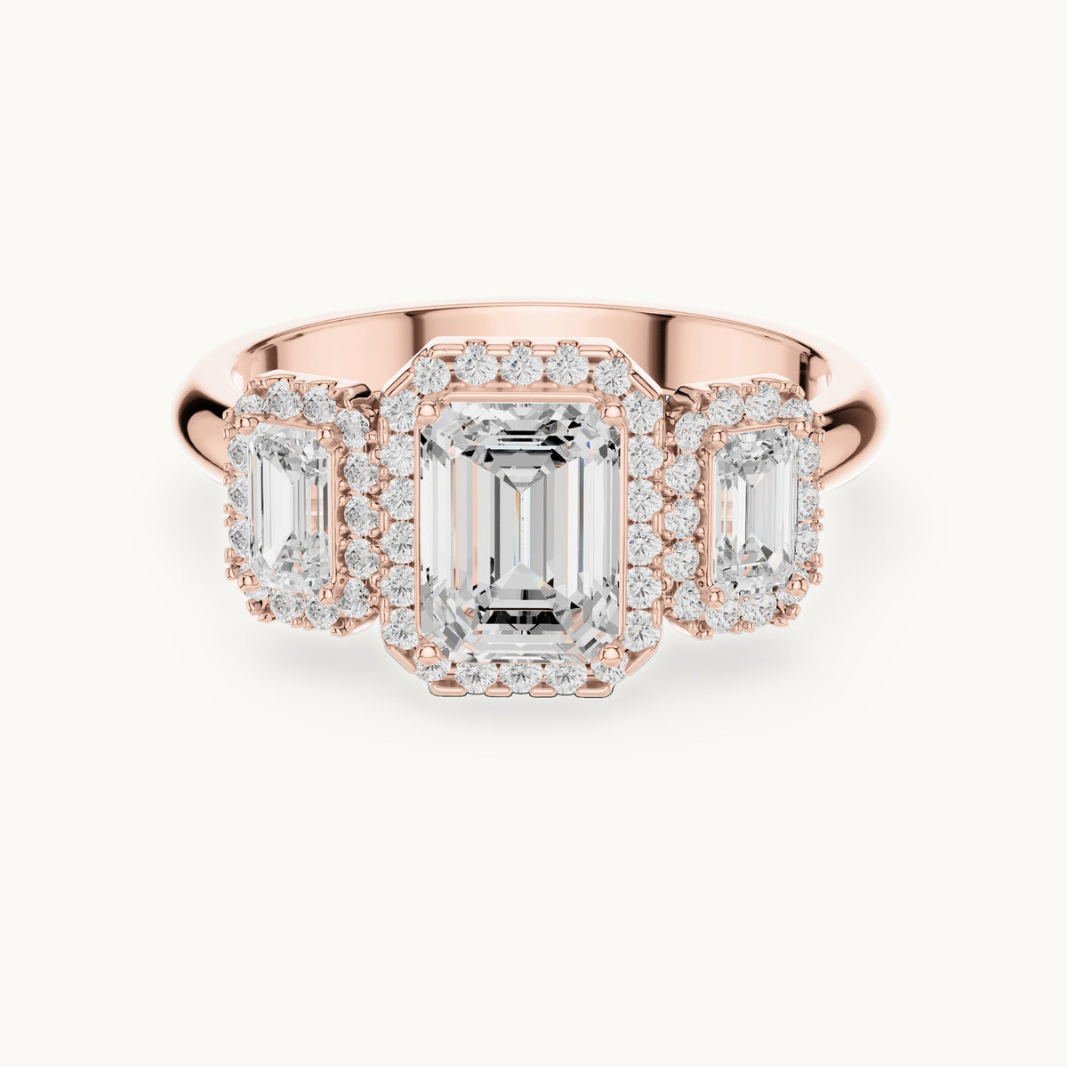Emerald-cut and round lab-grown diamond three-stone halo engagement ring with emerald-cut side stones in rose gold, 1.468 CT TW, view 4
