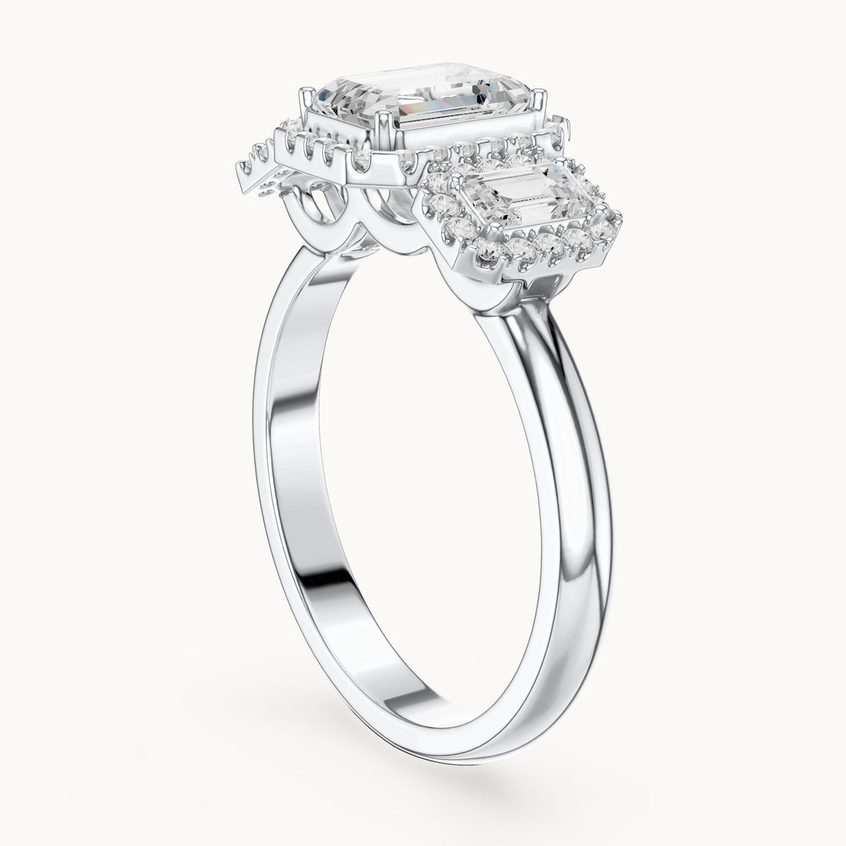 Emerald-cut and round lab-grown diamond three-stone halo engagement ring with emerald-cut side stones in white gold, 1.468 CT TW, view 1