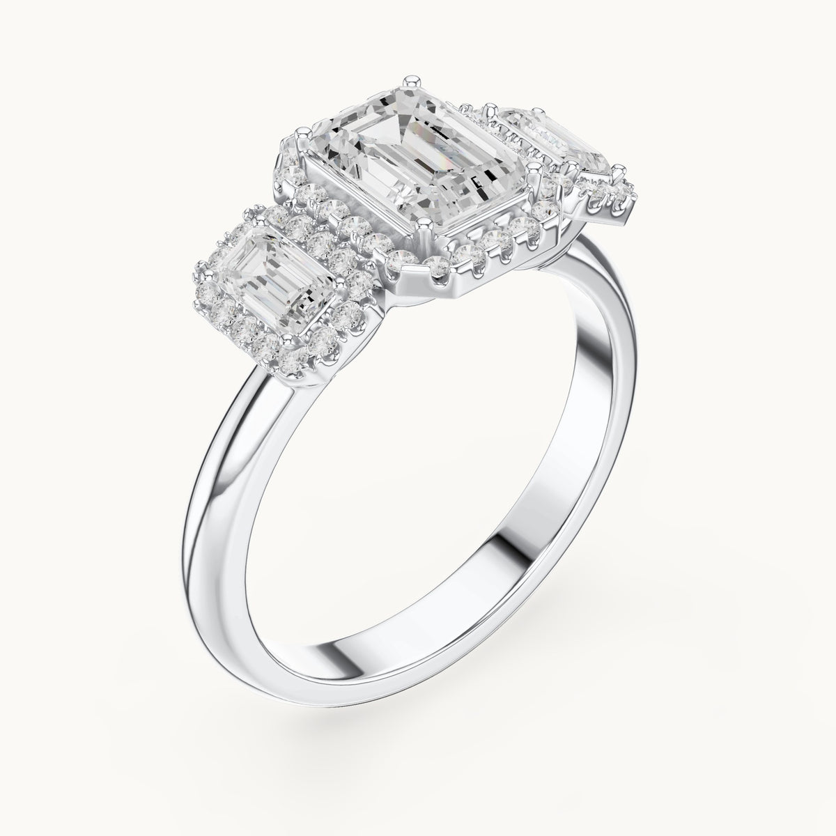 Emerald-cut and round lab-grown diamond three-stone halo engagement ring with emerald-cut side stones in white gold, 1.468 CT TW, view 2