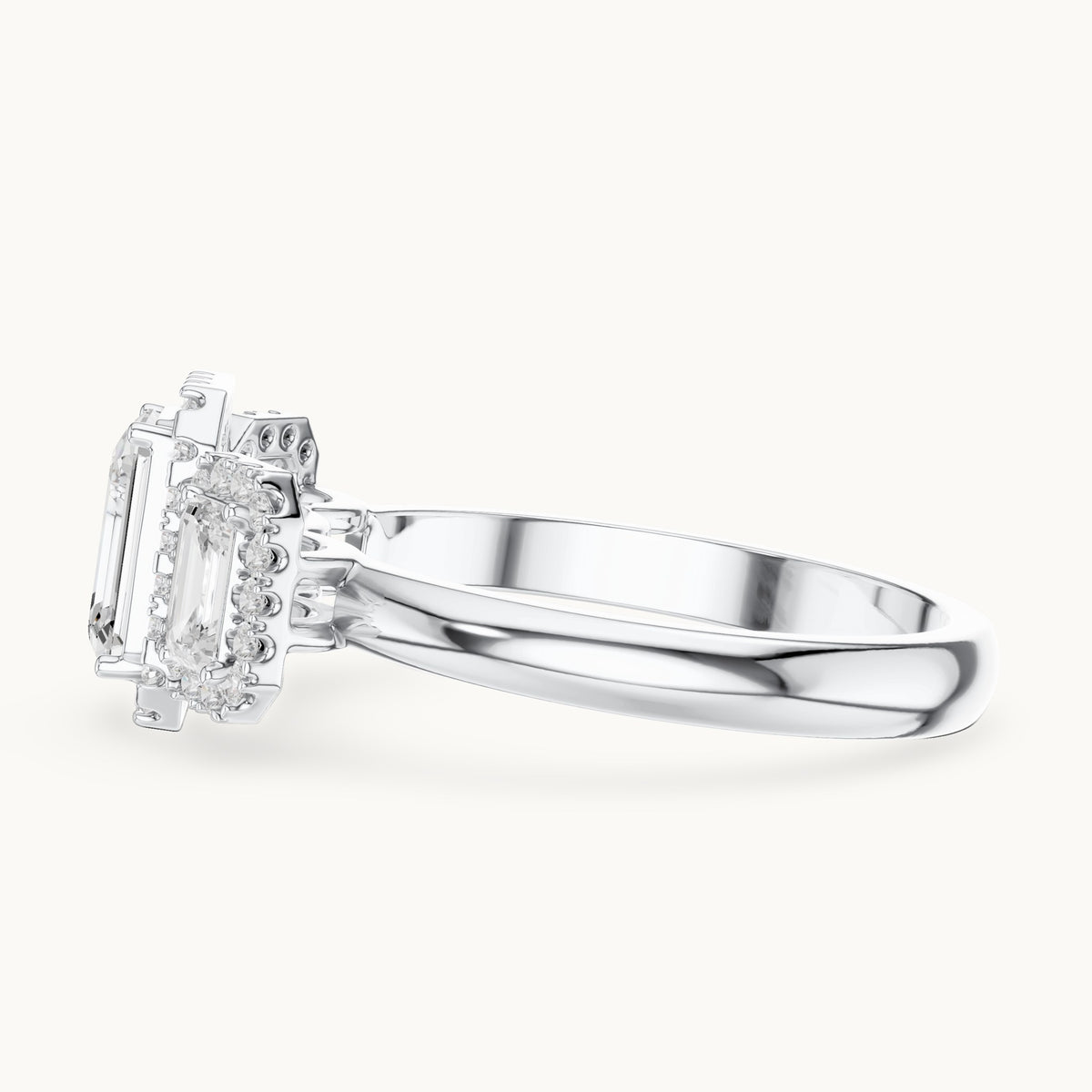 Emerald-cut and round lab-grown diamond three-stone halo engagement ring with emerald-cut side stones in white gold, 1.468 CT TW, view 3