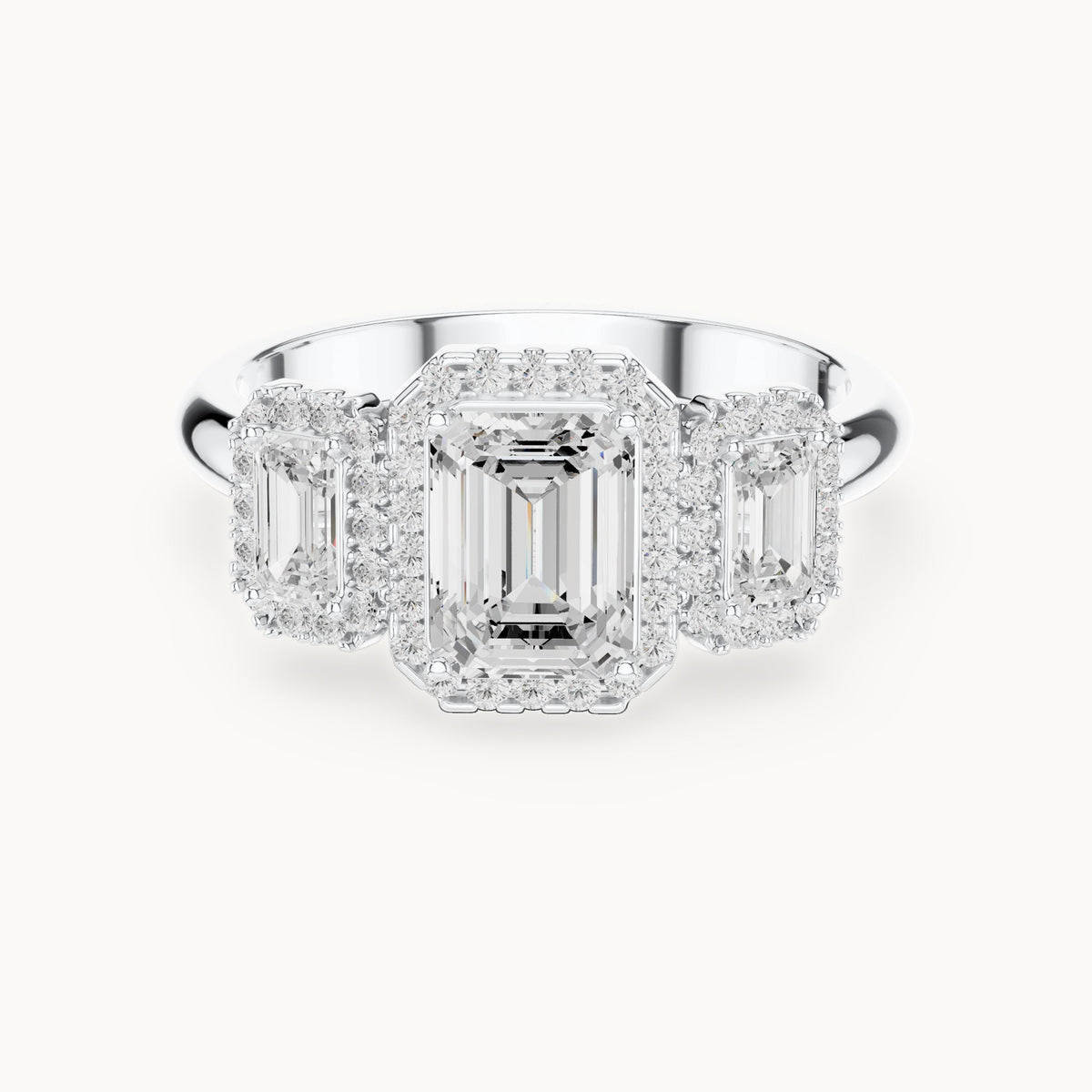 Emerald-cut and round lab-grown diamond three-stone halo engagement ring with emerald-cut side stones in white gold, 1.468 CT TW, view 4