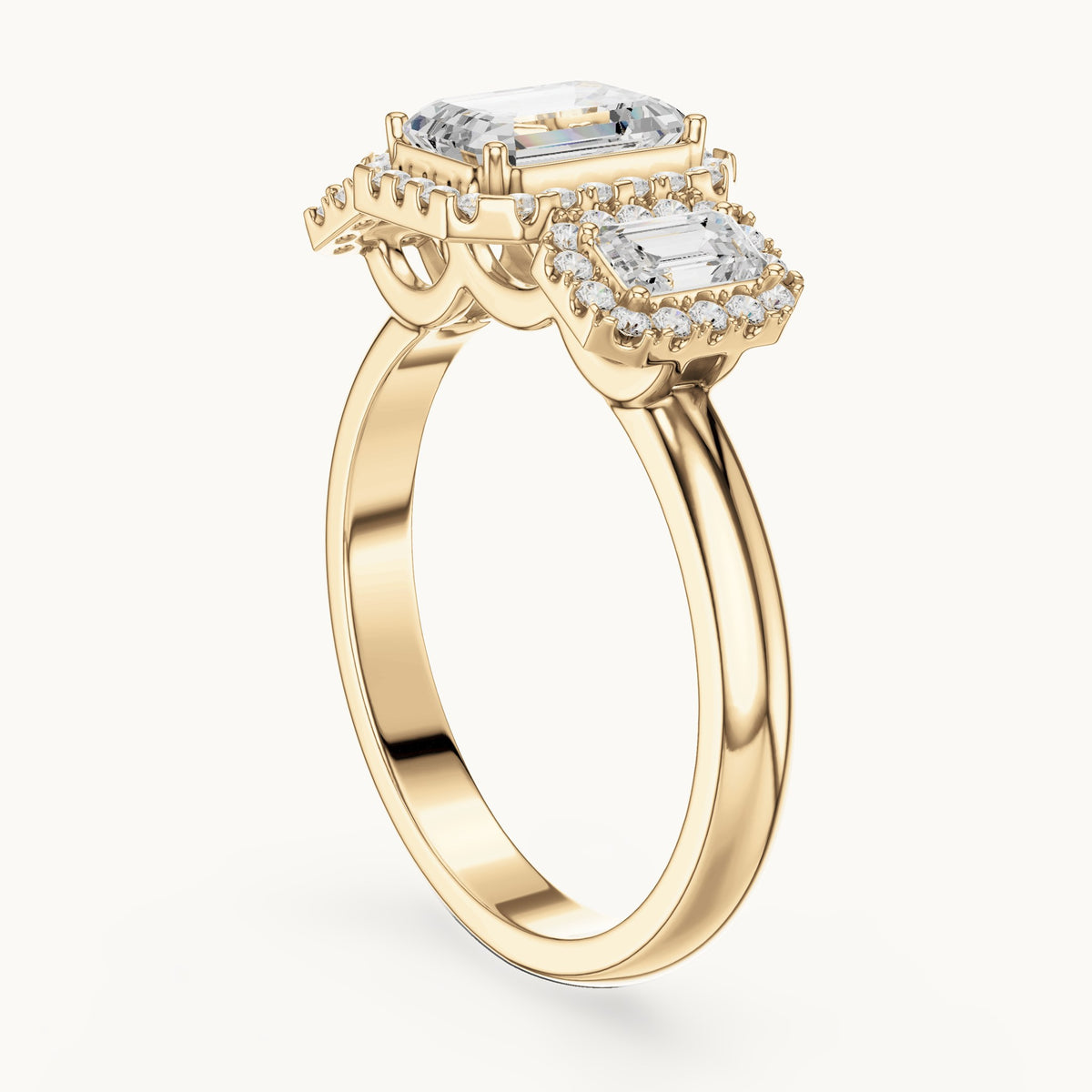 Emerald-cut and round lab-grown diamond three-stone halo engagement ring with emerald-cut side stones in yellow gold, 1.468 CT TW, view 1