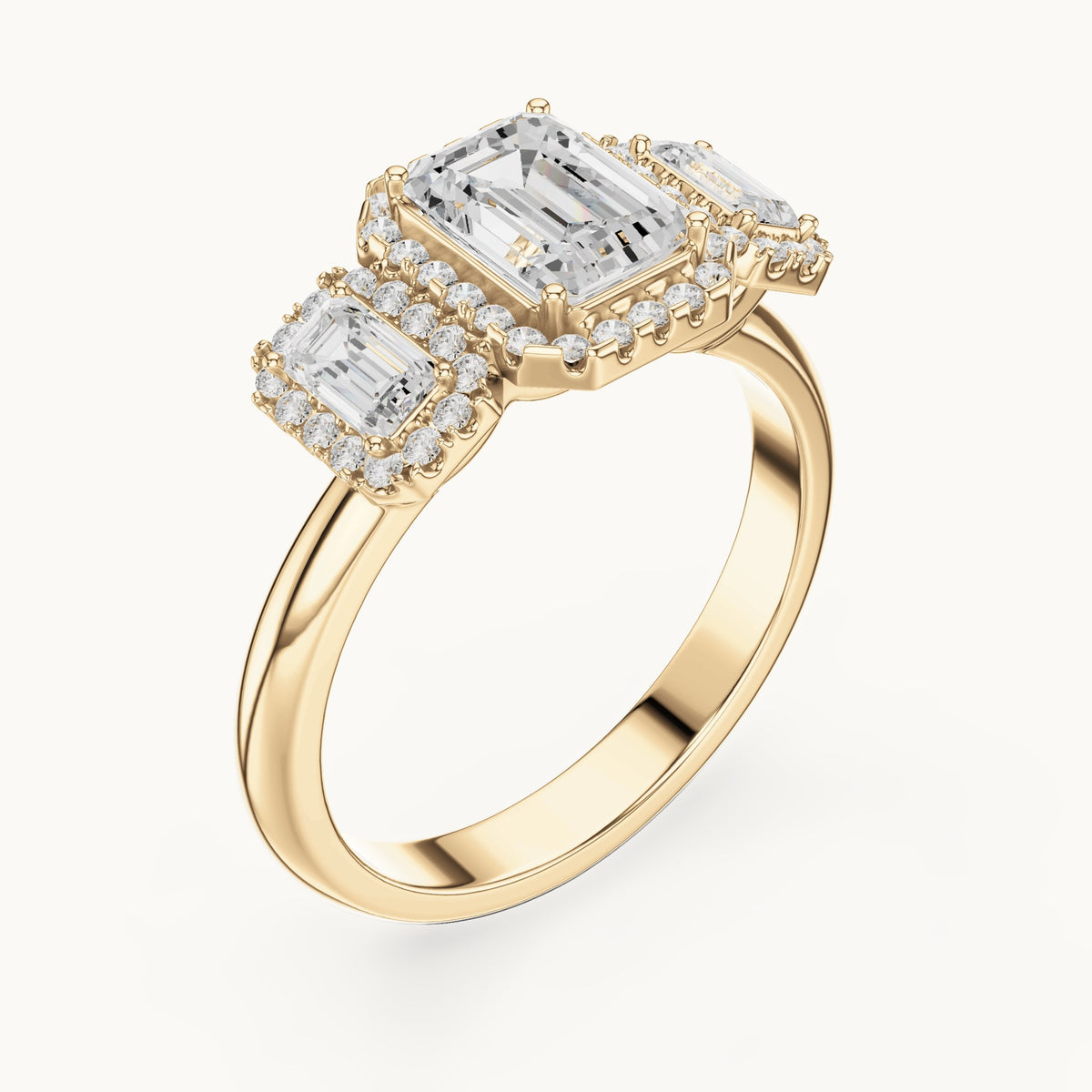 Emerald-cut and round lab-grown diamond three-stone halo engagement ring with emerald-cut side stones in yellow gold, 1.468 CT TW, view 2
