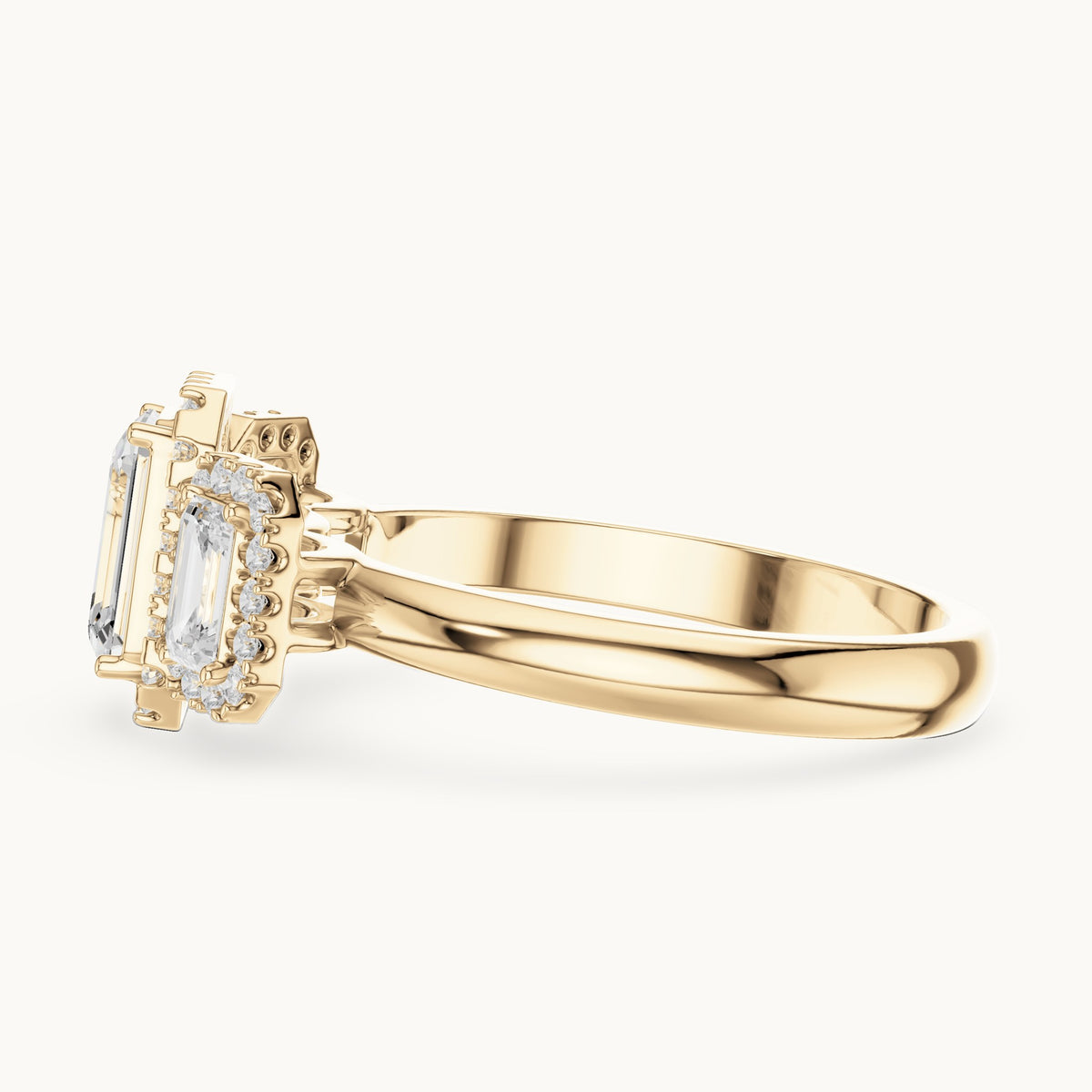 Emerald-cut and round lab-grown diamond three-stone halo engagement ring with emerald-cut side stones in yellow gold, 1.468 CT TW, view 3