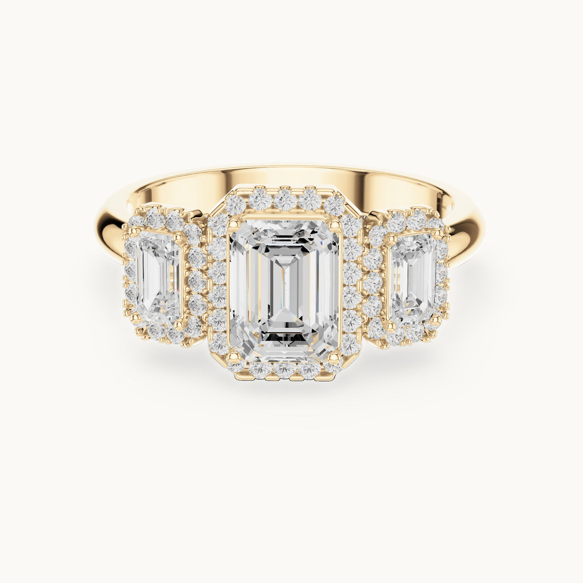 Emerald-cut and round lab-grown diamond three-stone halo engagement ring with emerald-cut side stones in yellow gold, 1.468 CT TW, view 4