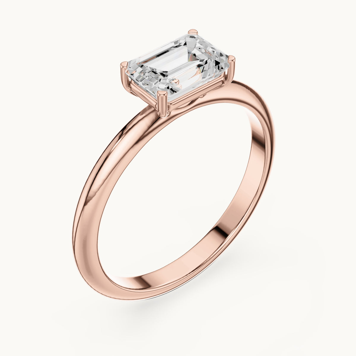 Emerald-cut lab-grown diamond east-west solitaire engagement ring in rose gold, 1.00 CT TW, view 2
