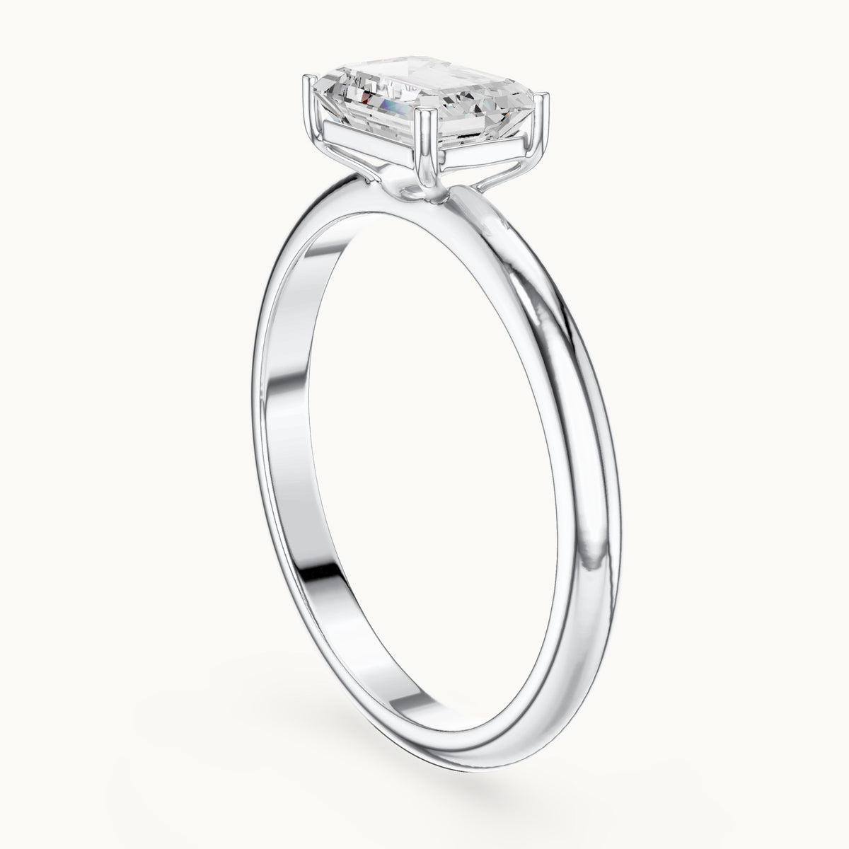 Emerald-cut lab-grown diamond east-west solitaire engagement ring in white gold, 1.00 CT TW, view 1
