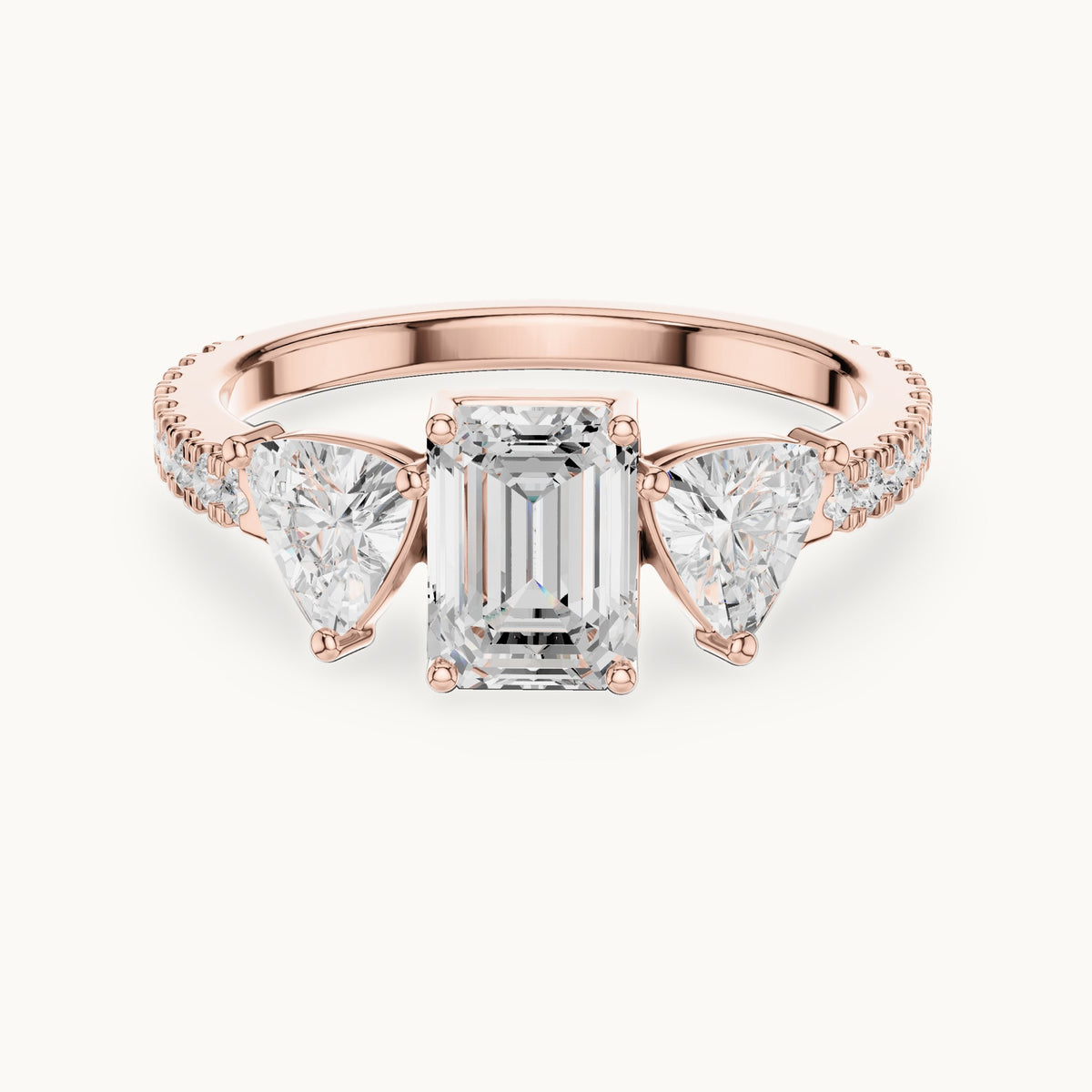 Emerald-cut, trillion and round lab-grown diamond three-stone engagement ring with trillion side stones in rose gold, 1.85 CT TW, view 4