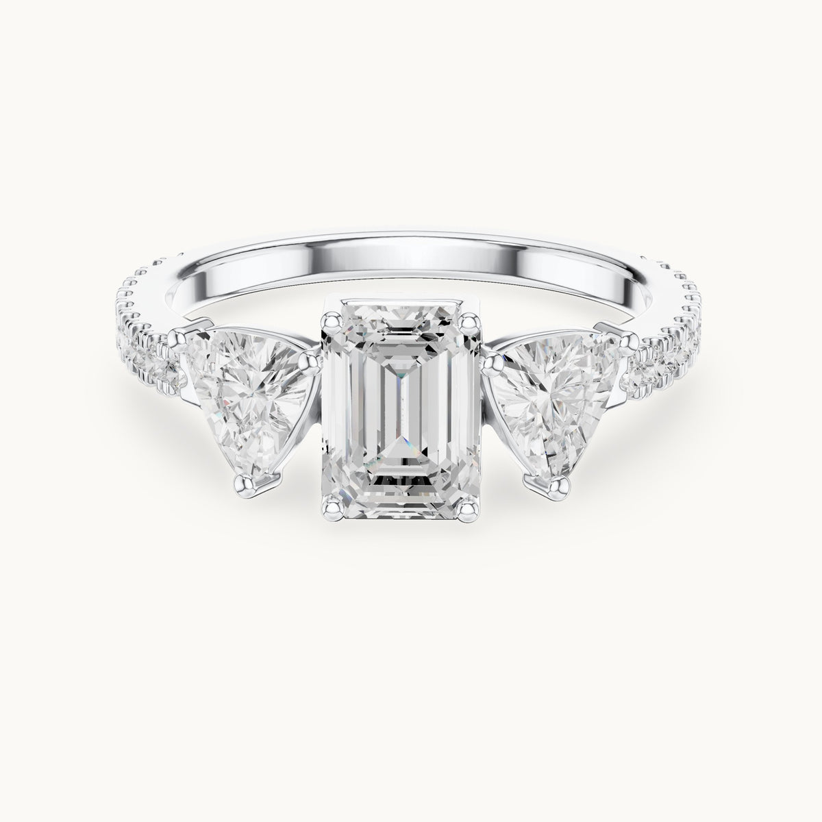 Emerald-cut, trillion and round lab-grown diamond three-stone engagement ring with trillion side stones in white gold, 1.85 CT TW, view 4