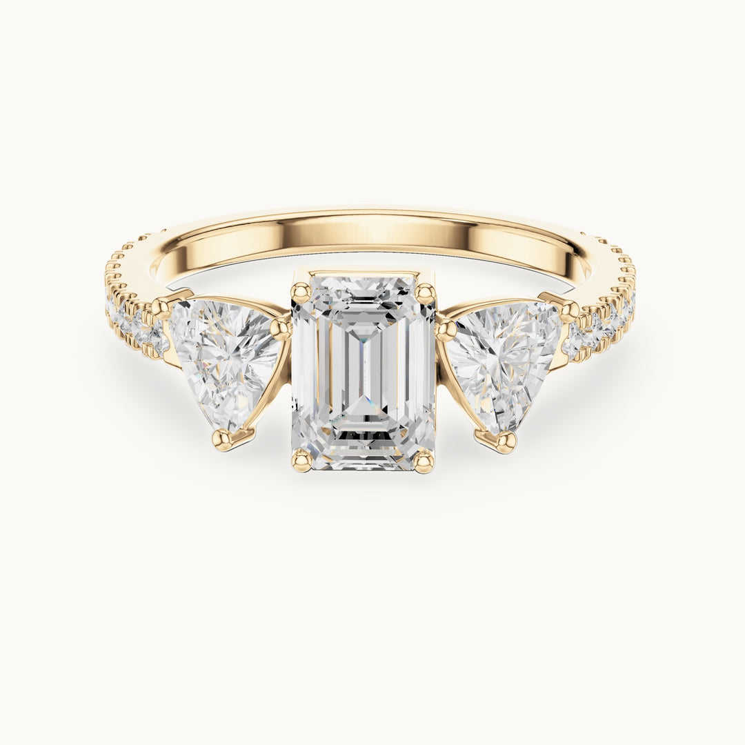 Emerald-cut, trillion and round lab-grown diamond three-stone engagement ring with trillion side stones in yellow gold, 1.85 CT TW, view 4