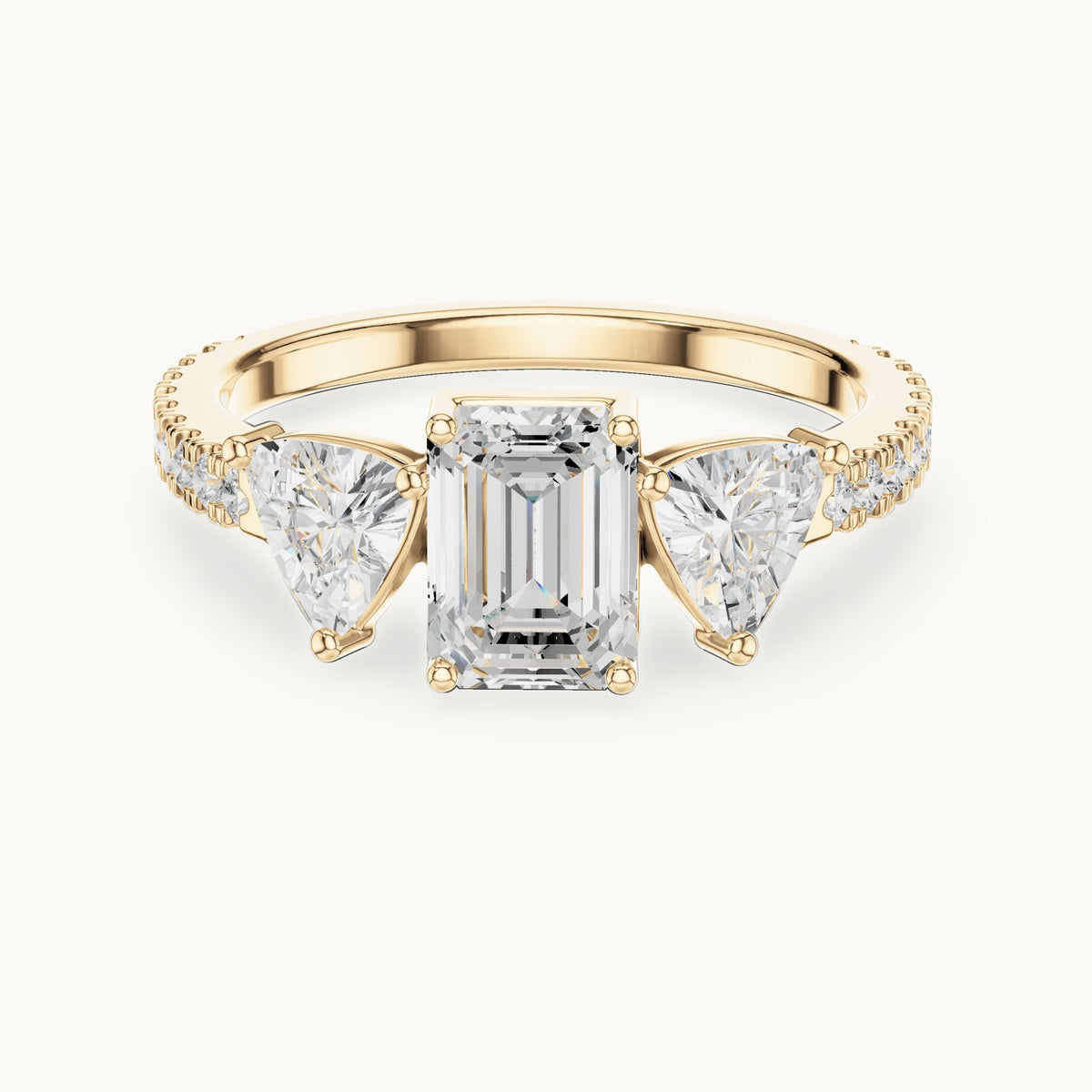 Emerald-cut, trillion and round lab-grown diamond three-stone engagement ring with trillion side stones in yellow gold, 1.85 CT TW, view 4