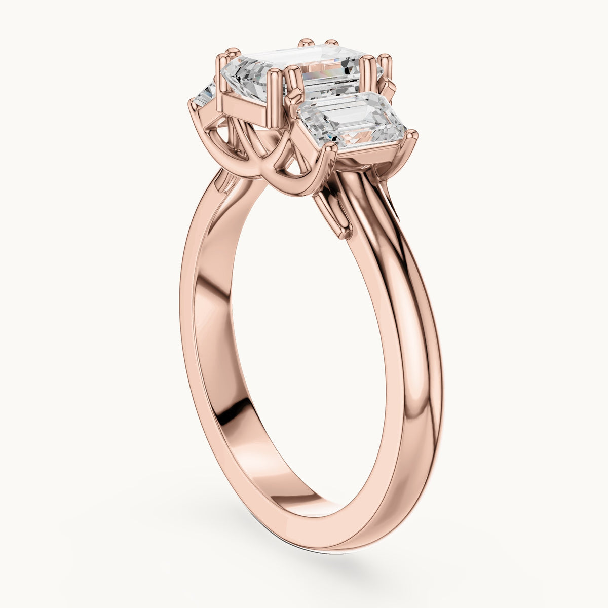 Emerald-cut lab-grown diamond three-stone engagement ring with emerald-cut side stones in rose gold, 1.43 CT TW, view 1