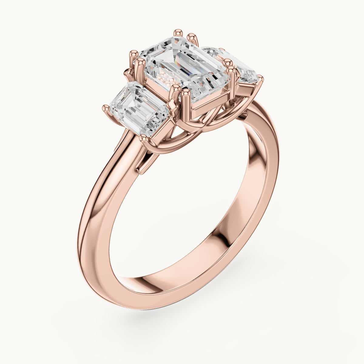 Emerald-cut lab-grown diamond three-stone engagement ring with emerald-cut side stones in rose gold, 1.43 CT TW, view 2
