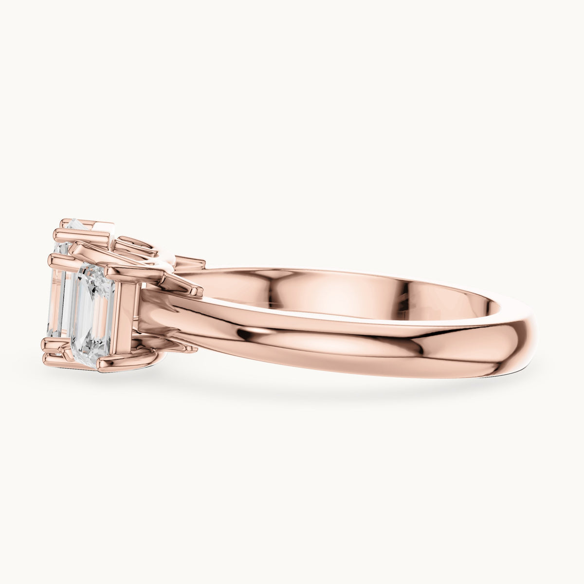 Emerald-cut lab-grown diamond three-stone engagement ring with emerald-cut side stones in rose gold, 1.43 CT TW, view 3